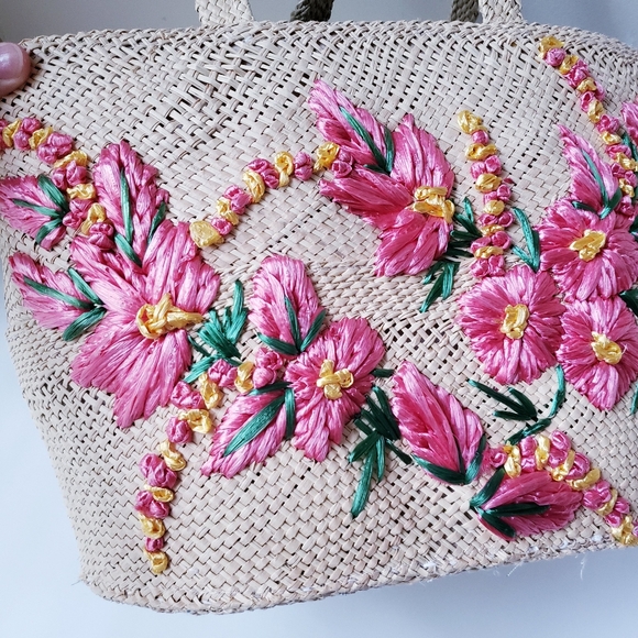 Vintage Pink Floral Wicker Bag - Picture 9 of 12